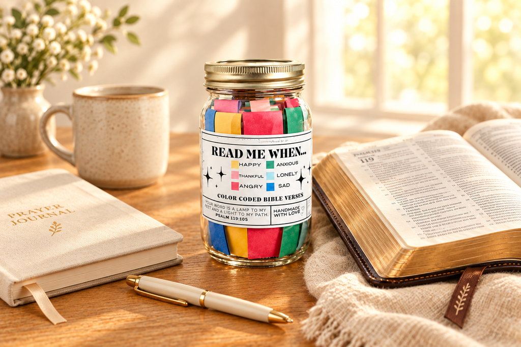 Centered Bible verse jar surrounded by an open Bible, prayer journal, pen and mug
