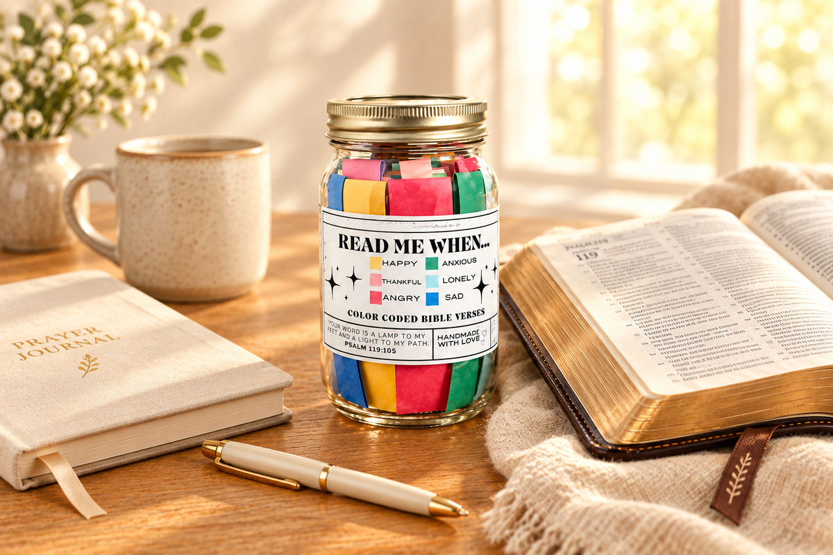 Centered Bible verse jar surrounded by an open Bible, prayer journal, pen and mug